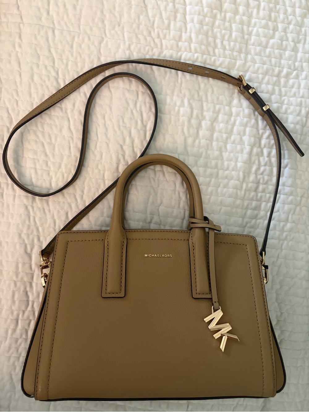 Michael Kors Tan Leather Satchel with Gold MK Charm
